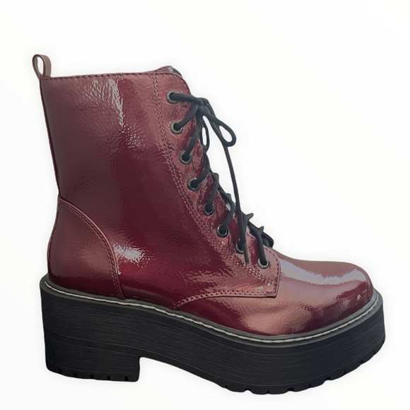 Burgundy Lace Up Platform Combat Boots - Picture 6 of 9